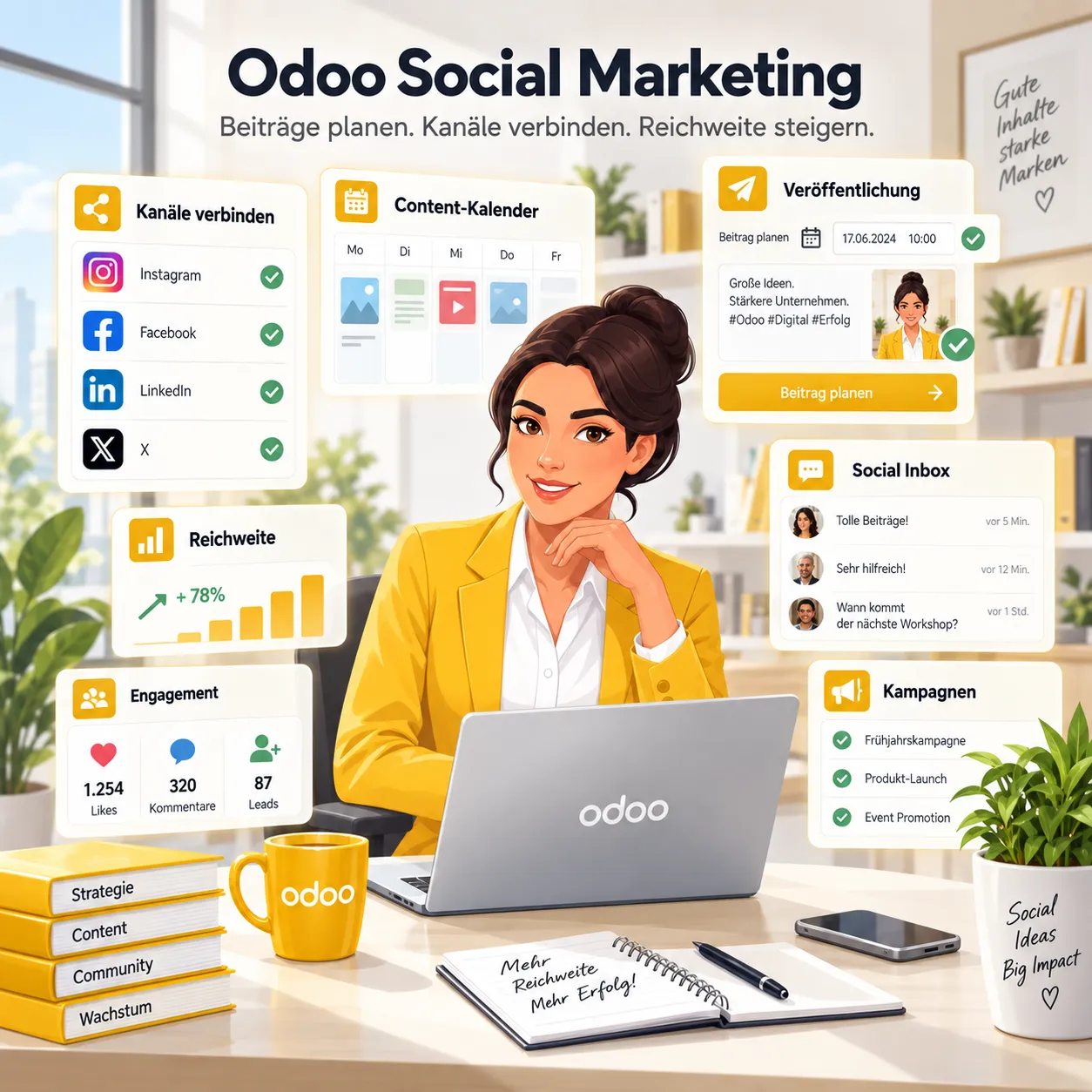 Analyse- und Tracking-Funktionen:   Das Modul bietet Tools, um die Leistung von Social-Media-Posts und -Kampagnen zu verfolgen und zu analysieren. Das hilft Unternehmen, ihre Marketingstrategien zu optimieren und zu verbessern.